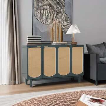 ARTPOWER Sideboard Buffet Cabinet with 4 Rattan Doors, Accent Storage Cabinet with Shelves, Free Standing TV Console Table, Modern Teal Credenza for Kitchen, Dining Room, Living Room, Hallway