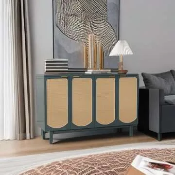 ARTPOWER Sideboard Buffet Cabinet with 4 Rattan Doors, Accent Storage Cabinet with Shelves, Free Standing TV Console Table, Modern Teal Credenza for Kitchen, Dining Room, Living Room, Hallway