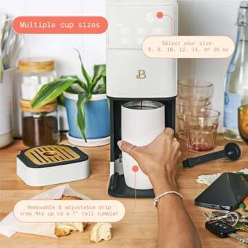 Beautiful Perfect Grind Programmable Single Serve Coffee Maker with Touch Display and Integrated Burr Grinder, Auto Coffee Strength Selection, 64oz Water Reservoir by Drew Barrymore (White Icing)