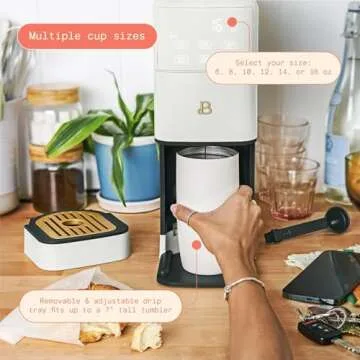 Beautiful Perfect Grind Programmable Single Serve Coffee Maker with Touch Display and Integrated Burr Grinder, Auto Coffee Strength Selection, 64oz Water Reservoir by Drew Barrymore (White Icing)