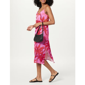 The Drop Women's Ana Silky V-Neck Midi Slip Dress Tropical Pink Floral Print, S