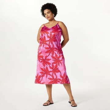 The Drop Women's Ana Silky V-Neck Midi Slip Dress Tropical Pink Floral Print, S