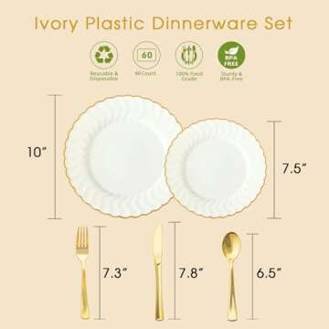 150pcs Ivory Scalloped Plastic Plates Set with Gold Rim,Fancy Disposable Dinnerware Sets Include 60 ...