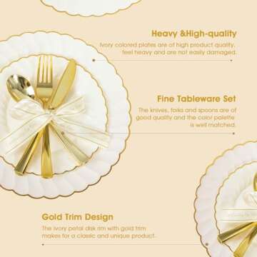 150pcs Ivory Scalloped Plastic Plates Set with Gold Rim,Fancy Disposable Dinnerware Sets Include 60 Plastic Dessert Plates,30Forks, 30Knives, 30Spoons Perfect for Wedding & Easter & Mother's Day