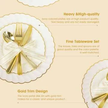 150pcs Ivory Scalloped Plastic Plates Set with Gold Rim,Fancy Disposable Dinnerware Sets Include 60 Plastic Dessert Plates,30Forks, 30Knives, 30Spoons Perfect for Wedding & Easter & Mother's Day