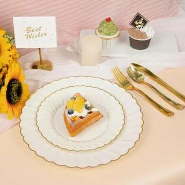 150pcs Ivory Scalloped Plastic Plates Set with Gold Rim,Fancy Disposable Dinnerware Sets Include 60 Plastic Dessert Plates,30Forks, 30Knives, 30Spoons Perfect for Wedding & Easter & Mother's Day