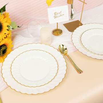 150pcs Ivory Scalloped Plastic Plates Set with Gold Rim,Fancy Disposable Dinnerware Sets Include 60 Plastic Dessert Plates,30Forks, 30Knives, 30Spoons Perfect for Wedding & Easter & Mother's Day