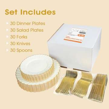 150pcs Ivory Scalloped Plastic Plates Set with Gold Rim,Fancy Disposable Dinnerware Sets Include 60 Plastic Dessert Plates,30Forks, 30Knives, 30Spoons Perfect for Wedding & Easter & Mother's Day