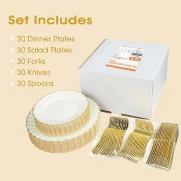 150pcs Ivory Scalloped Plastic Plates Set with Gold Rim,Fancy Disposable Dinnerware Sets Include 60 Plastic Dessert Plates,30Forks, 30Knives, 30Spoons Perfect for Wedding & Easter & Mother's Day
