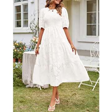 MEROKEETY Women's 2024 Summer Puff Sleeve Smocked Floral Dress Crewneck Lace Flowy Tiered Midi Dresses,White,S