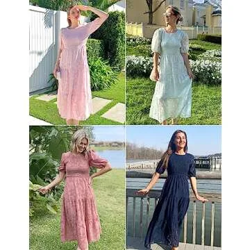 MEROKEETY Women's 2024 Summer Puff Sleeve Smocked Floral Dress Crewneck Lace Flowy Tiered Midi Dresses,White,S