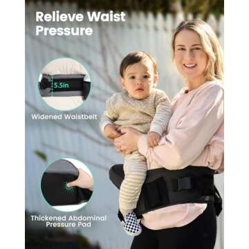 Baby Hip Seat Carrier, GROWNSY Baby Carrier with Multiple Pockets, Adjustable Extended Waistband for Newborns & Toddlers up to 50 lbs, Black