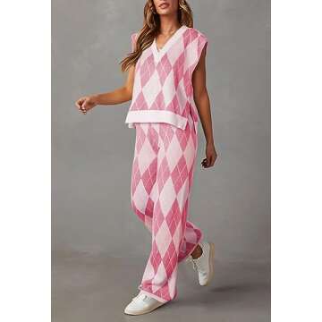 Pink Queen Women's 2 Piece Outfit Sweater Set Cap Sleeve Geometric Knit Top and Wide Leg Long Pants Sweatsuit Pink M