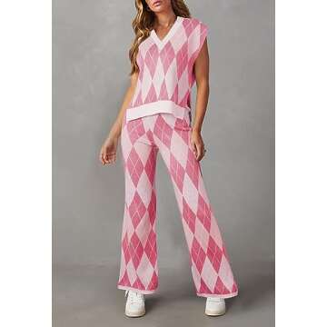 Pink Queen Women's 2 Piece Outfit Sweater Set Cap Sleeve Geometric Knit Top and Wide Leg Long Pants Sweatsuit Pink M