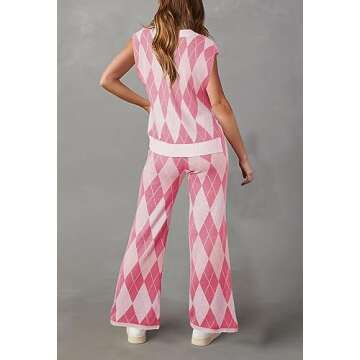 Pink Queen Women's 2 Piece Outfit Sweater Set Cap Sleeve Geometric Knit Top and Wide Leg Long Pants Sweatsuit Pink M