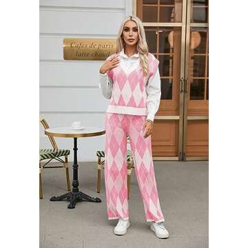 Pink Queen Women's 2 Piece Outfit Sweater Set Cap Sleeve Geometric Knit Top and Wide Leg Long Pants Sweatsuit Pink M