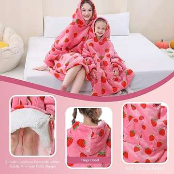 Aemicion Strawberry Blanket Hoodie Gifts for Kids,Oversize Sherpa Wearable Blanket,Cozy Sweatshirt Blanket for Girls
