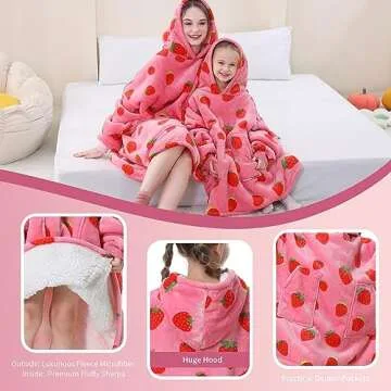 Aemicion Strawberry Blanket Hoodie Gifts for Kids,Oversize Sherpa Wearable Blanket,Cozy Sweatshirt Blanket for Girls