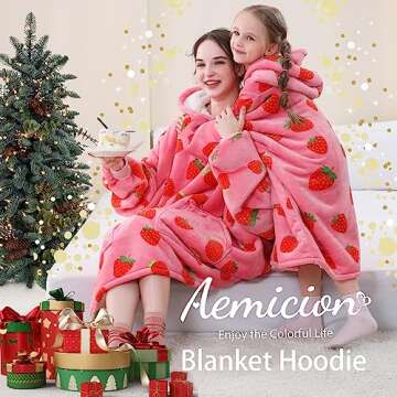Aemicion Strawberry Blanket Hoodie Gifts for Kids,Oversize Sherpa Wearable Blanket,Cozy Sweatshirt Blanket for Girls