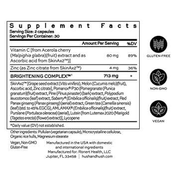 Hush & Hush SkinCapsule Brighten+ - Skin Brightening Vitamin C Supplement - Glowing Skin Beauty Vitamins - Reduces Dark Spots & Discoloration - Vegan, Non-GMO, Gluten Free - 60 Capsules