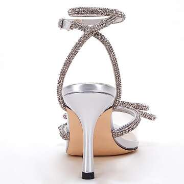 VETASTE Women's Double Bow Pointed Toe Ankle Strap Crystal Pumps Wedding Bridal Party Stilettos Backless Satin Heeled Sandals,Transparent, Size 7