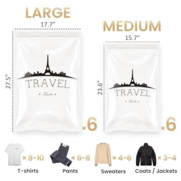 TAILI 12 Pack Travel Compression Bags, Roll Up Space Saver Bags (6 Large+6 Medium), No Vacuum Needed...