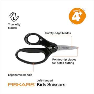 Fiskars 5" Left-Handed Pointed-Tip Scissors for Kids Ages 4-7, Scissors for School or Crafting, Back to School Supplies, Black