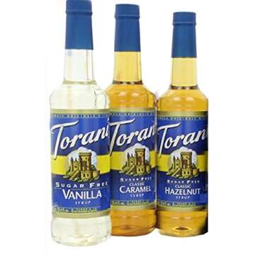 Torani Coffee Sugar Free Syrup Variety Pack, 25.4 Ounce (Pack of 3) one each of Sugar free: Vanilla, Caramel and Hazelnut