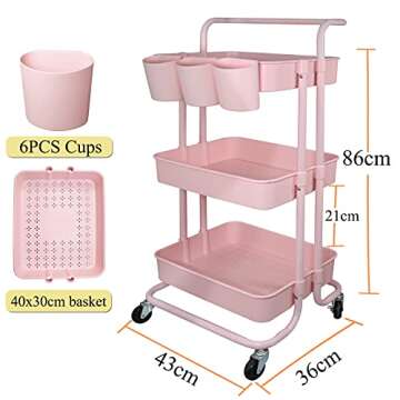 Freletry 3 Tier Utility Rolling Cart Storage Organizer Shelf Rack with 6PCS Hanging Cups for Home Of...