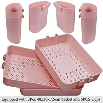 Freletry 3 Tier Utility Rolling Cart Storage Organizer Shelf Rack with 6PCS Hanging Cups for Home Office Kitchen Bathroom Storage (Pink)