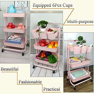 Freletry 3 Tier Utility Rolling Cart Storage Organizer Shelf Rack with 6PCS Hanging Cups for Home Office Kitchen Bathroom Storage (Pink)