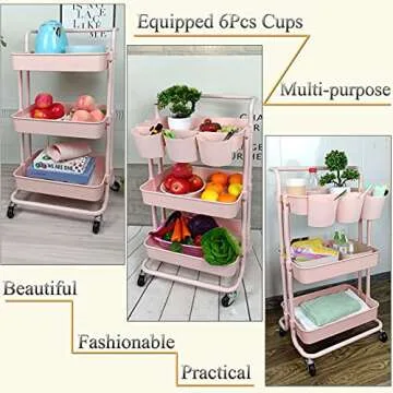 Freletry 3 Tier Utility Rolling Cart Storage Organizer Shelf Rack with 6PCS Hanging Cups for Home Office Kitchen Bathroom Storage (Pink)