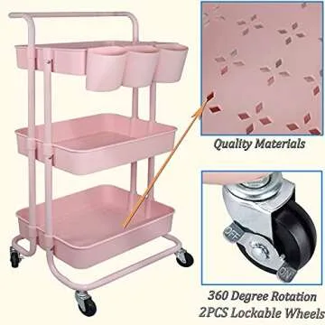 Freletry 3 Tier Utility Rolling Cart Storage Organizer Shelf Rack with 6PCS Hanging Cups for Home Office Kitchen Bathroom Storage (Pink)