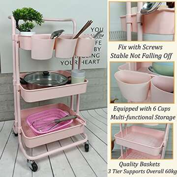 Freletry 3 Tier Utility Rolling Cart Storage Organizer Shelf Rack with 6PCS Hanging Cups for Home Office Kitchen Bathroom Storage (Pink)