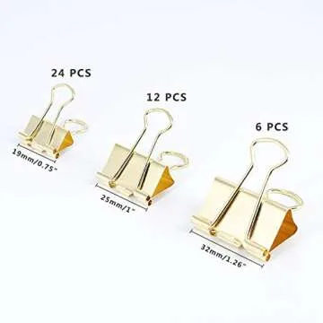 Gold Binder Clips Paper Clamps, Assorted Sizes Set (Small, Medium, Large) for Office School and Home...