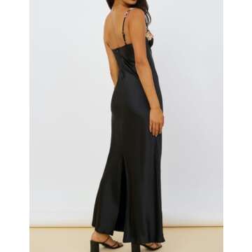 Sexy Satin Spaghetti Strap Floral Embroidered Maxi Dress – Sweetheart Neckline Backless Sleeveless...