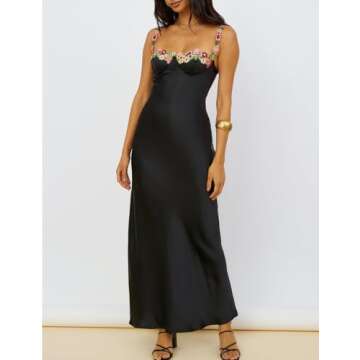 Elegant Satin Embroidered Maxi Dress for Women