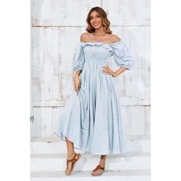 R.Vivimos Women Summer Half Sleeve Cotton Ruffled Vintage Elegant Backless A Line Flowy Long Dresses (Small, SkyBlue#1)