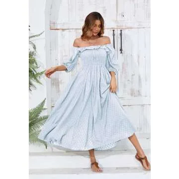 R.Vivimos Women Summer Half Sleeve Cotton Ruffled Vintage Elegant Backless A Line Flowy Long Dresses (Small, SkyBlue#1)