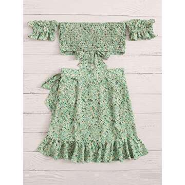 MakeMeChic Women's Two Piece Floral Ruffle Trim Cami Crop Top and Wrap Skirt Set Green Small