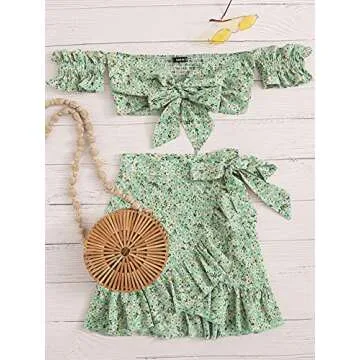 MakeMeChic Women's Two Piece Floral Ruffle Trim Cami Crop Top and Wrap Skirt Set Green Small