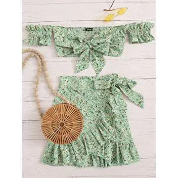 MakeMeChic Women's Two Piece Floral Ruffle Trim Cami Crop Top and Wrap Skirt Set Green Small