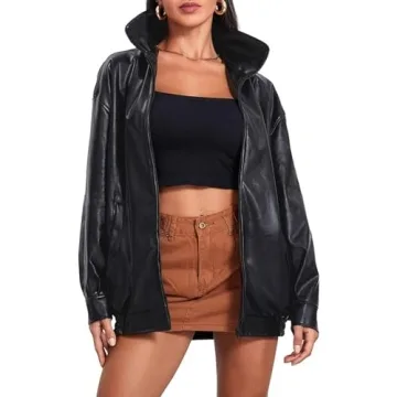 ABYOVRT Women Leather Bomber Jacket Oversized Zip Up Faux Leather Jacket Vintage Coat Fall Fashion 2...