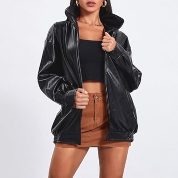 Stylish ABYOVRT Women Leather Bomber Jacket for Fall