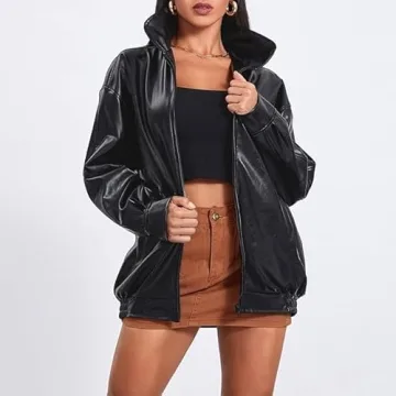Stylish ABYOVRT Women Leather Bomber Jacket for Fall