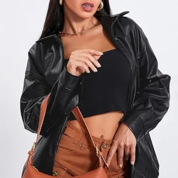 Stylish ABYOVRT Women Leather Bomber Jacket for Fall