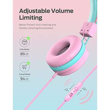 iClever Kids Headphones with Microphone for School - 85dB/94dB Volume Control, Wired Headphones for Kids Girls Boys, Adjustable Foldable On-Ear Headphones for Online Learning/iPad/Tablet/Travel, Pink