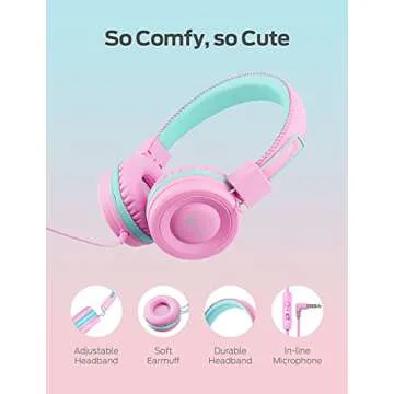 iClever Kids Headphones with Microphone for School - 85dB/94dB Volume Control, Wired Headphones for Kids Girls Boys, Adjustable Foldable On-Ear Headphones for Online Learning/iPad/Tablet/Travel, Pink