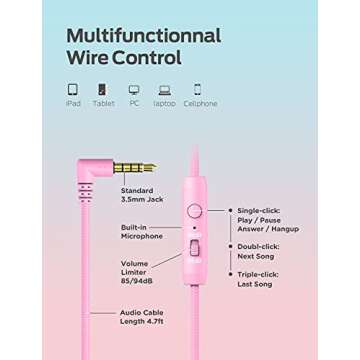 iClever Kids Headphones with Microphone for School - 85dB/94dB Volume Control, Wired Headphones for Kids Girls Boys, Adjustable Foldable On-Ear Headphones for Online Learning/iPad/Tablet/Travel, Pink