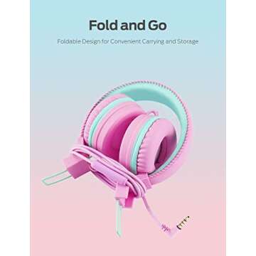 iClever Kids Headphones with Microphone for School - 85dB/94dB Volume Control, Wired Headphones for Kids Girls Boys, Adjustable Foldable On-Ear Headphones for Online Learning/iPad/Tablet/Travel, Pink
